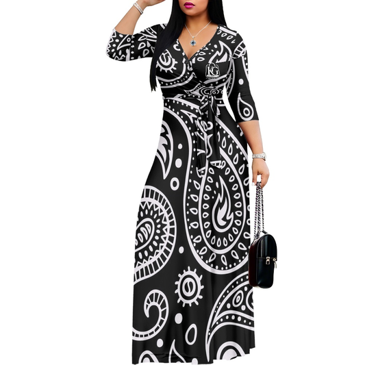 K & G Black and White Paisley Dress with Black Border Tote Bag