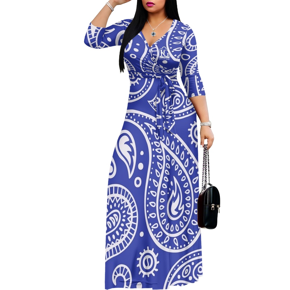K & G Royal Blue and White Paisley Dress with Black Border Tote Bag