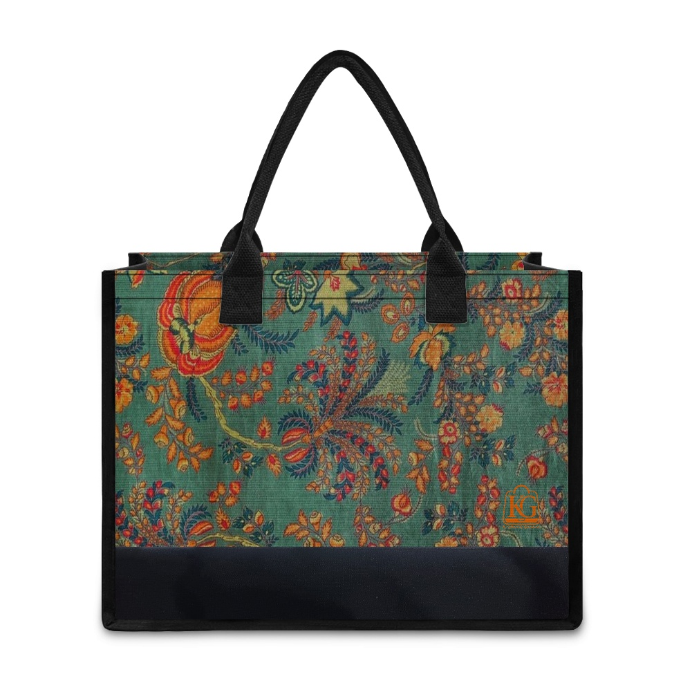 K & G Green and Orange Paisley Dress with Black Border Tote Bag