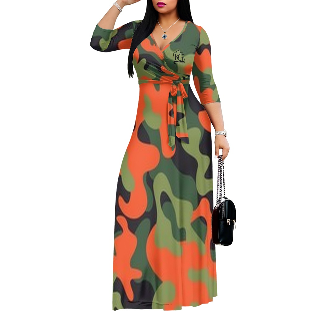 K & G  Green and Orange Camouflage Dress with a Tote Bag