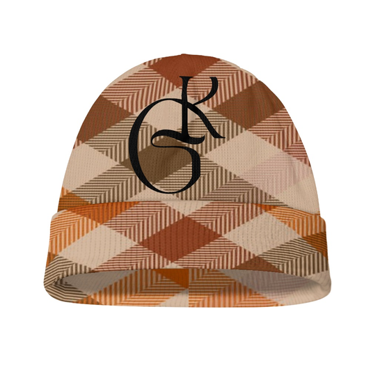 Brown and Rust plaid beanie and Scarf