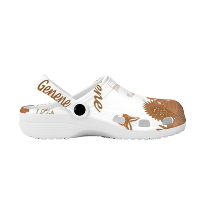 Brown and White K & G Crocs