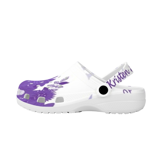 Purple and White K & G Crocs