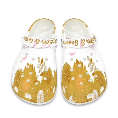 Honey Mustard and White K & G Crocs